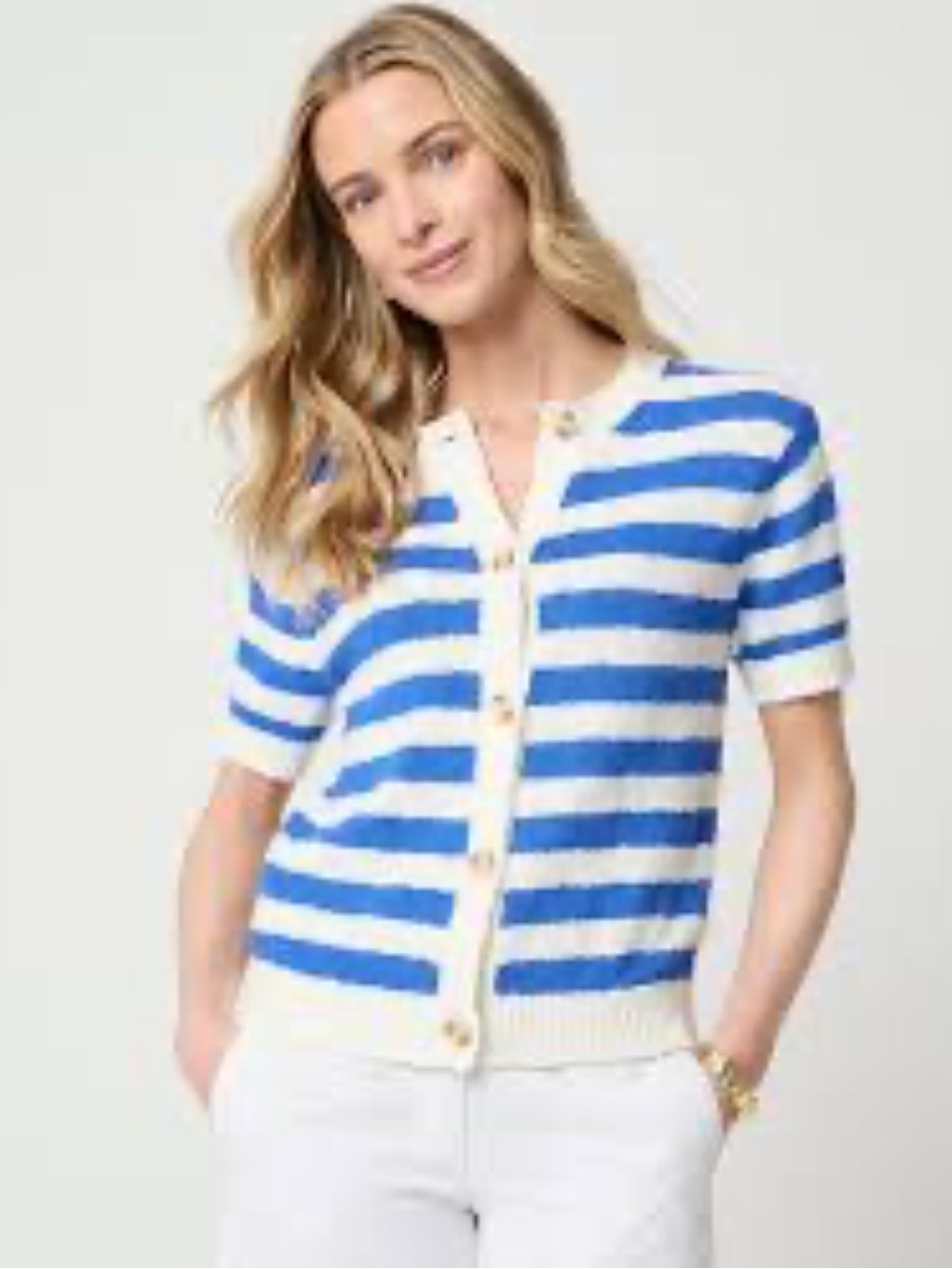 J. Crew Blue and White Striped Short-Sleeve Cardigan